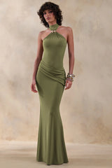 Polina | Olive High-Neck Maxi Dress With Drape And Gold-Detail
