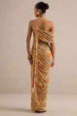 Afton | Orange Floral Mesh Asymmetric-Neck Maxi Dress With Sash Detail
