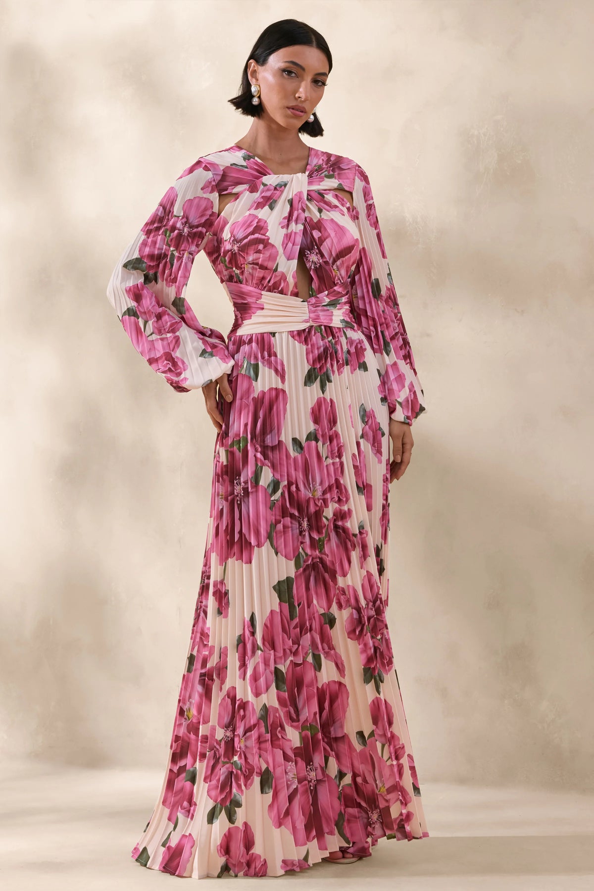 Rionna | Pink Hibiscus Floral Print High-Neck Maxi Dress With Cut-Out Detailing