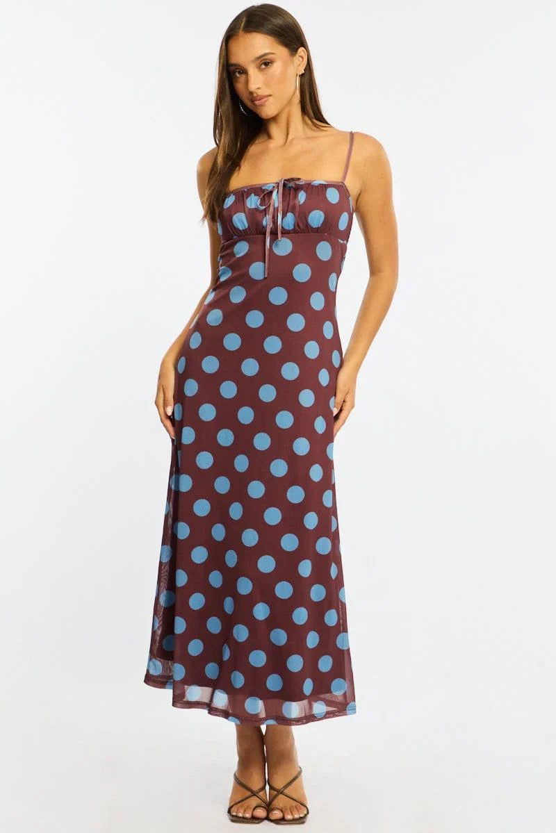 Brown Polka Dot Midi Dress Strappy
