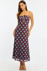 Brown Polka Dot Midi Dress Strappy