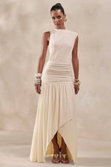 Myssara | Cream High-Neck Maxi Dress Gathered-Detailing