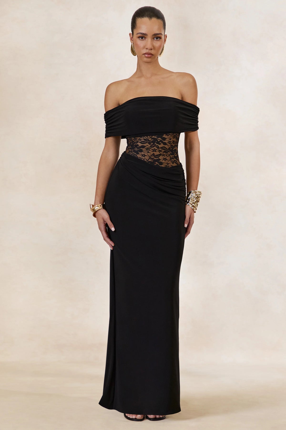 Forsya | Black Bardot-Neck Maxi Dress With Lace-Detailing