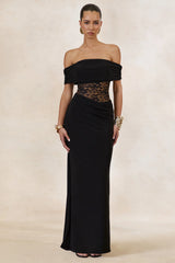Forsya | Black Bardot-Neck Maxi Dress With Lace-Detailing