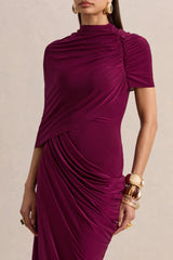 Lunaline | Burgundy High-Neck Maxi Dress With Asymmetric Cape And Draped-Detailing