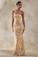 Severn | Yellow Embellished Floral Bandeau Maxi Dress