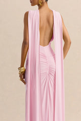 Premiere | Light Pink Boat-Neck Maxi Dress With Cape-Sleeves And Open-Back