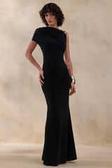 Blaire | Black Asymmetric-Neck Maxi Dress With Gold-Detailing