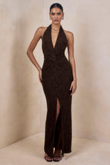 Ocealla | Brown Lace Plunge-Neck Maxi Dress With Gathered-Detailing