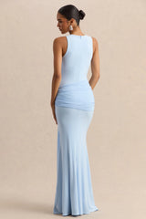 Mirene | Powder Blue Round-Neck Maxi-Dress With Gathered-Detailing And Sash