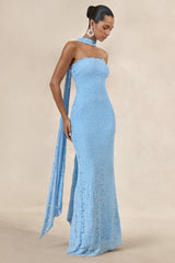 Massima | Light Blue Lace Bandeau Maxi Dress With Scarf-Detail