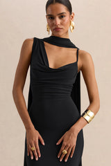 Armelia | Black Cowl-Neck Maxi Dress With Scarf-Detail