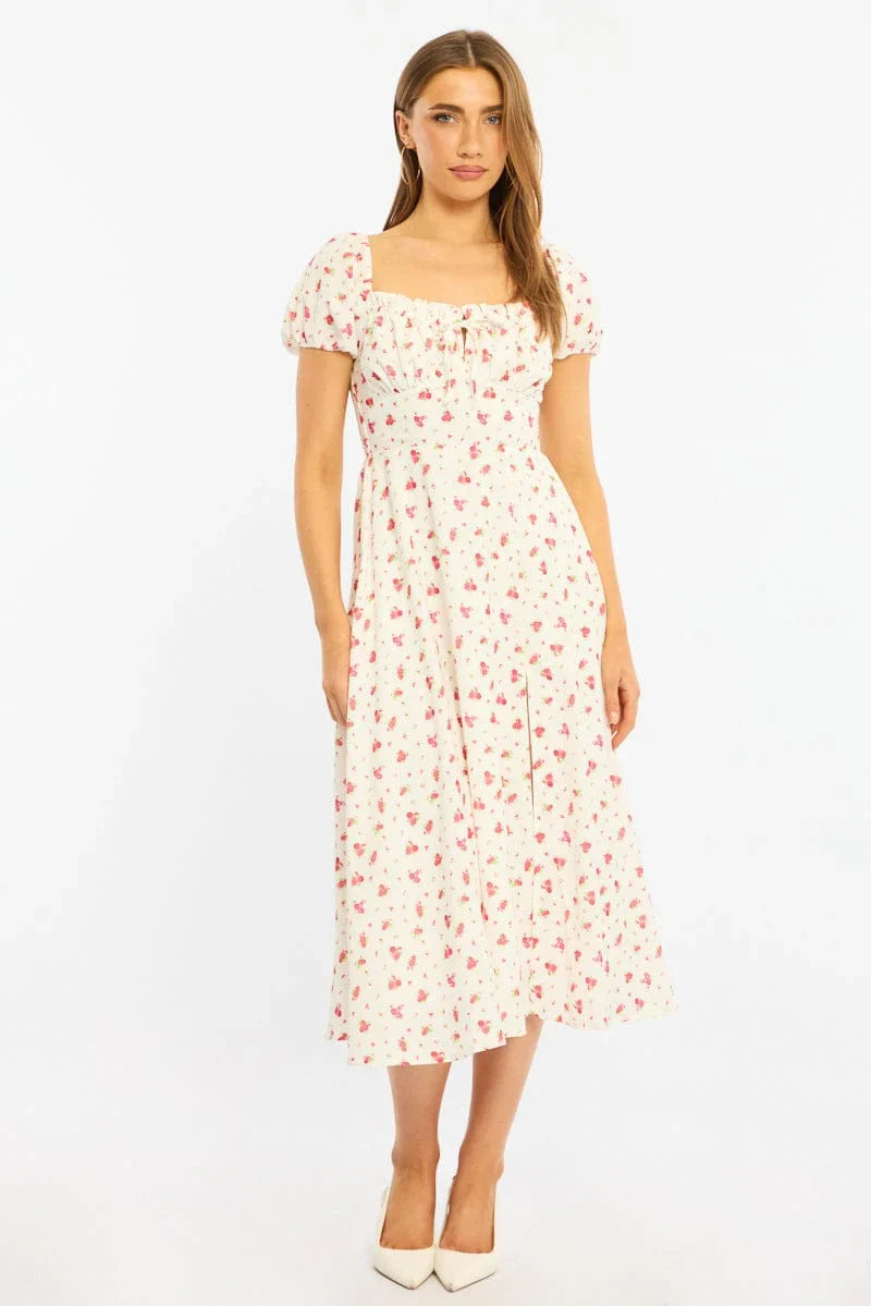 Red Ditsy Midi Dress Puff Sleeve