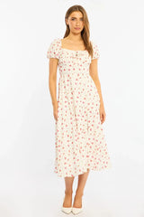 Red Ditsy Midi Dress Puff Sleeve