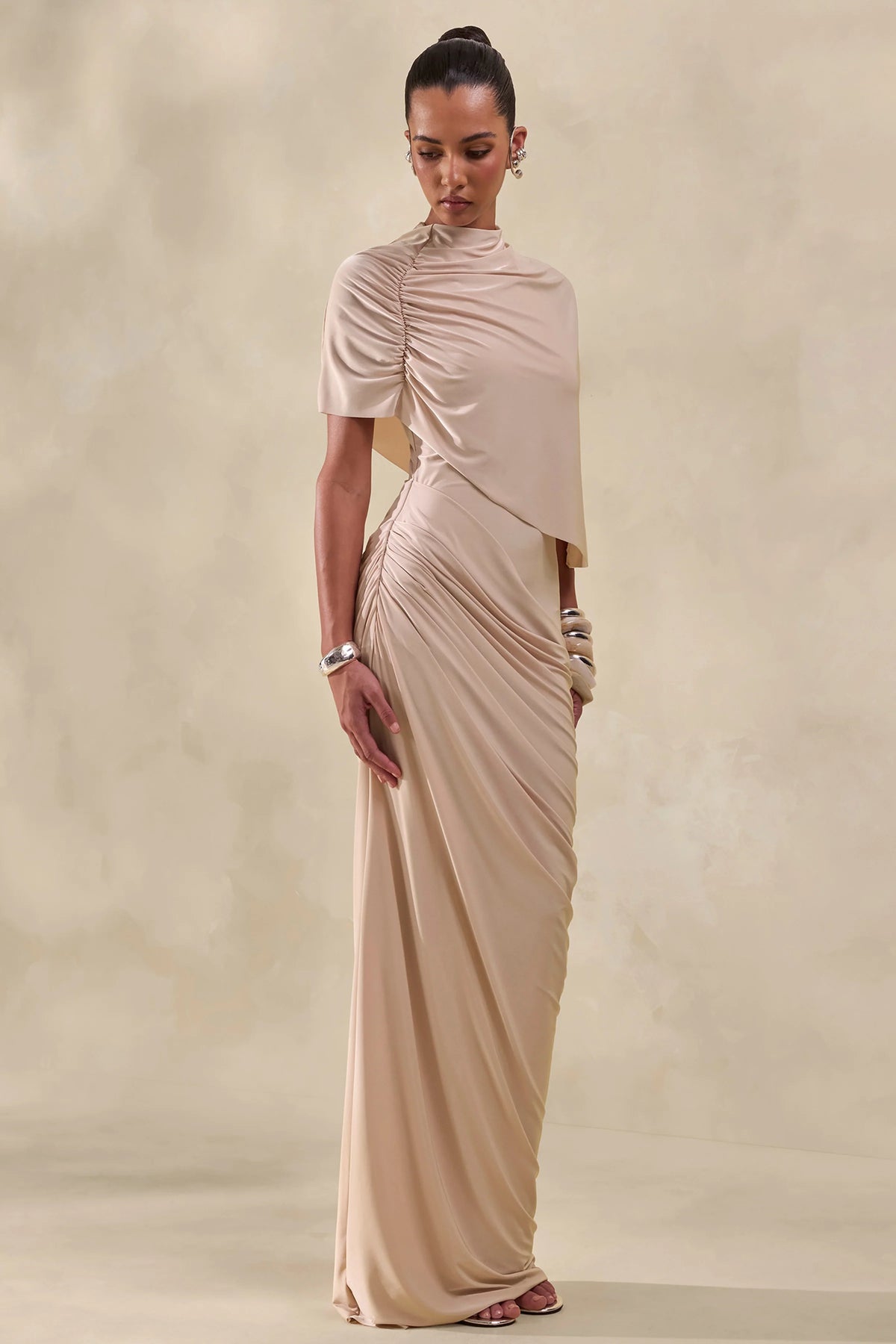 Lunaline | Champagne High-Neck Maxi Dress With Asymmetric Cape And Draped-Detailing