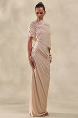 Lunaline | Champagne High-Neck Maxi Dress With Asymmetric Cape And Draped-Detailing