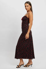 Black Ditsy Maxi Dress Lace Satin Tape