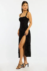 Black Midi Dress Ruched Bust