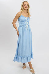 Blue Midi Dress Contrast Tie