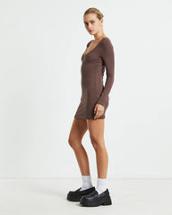 Larissa Scoop Neck Long Sleeve Mini Dress Chocolate Brown