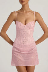 Semi-Sheer Embellished Draped Corset Mini Dress in Pink