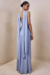 Charly | Powder Blue Matte Satin Bandeau Maxi Dress With Scarf-Detail