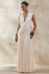 Glorina | Cream Plunge-Neck Maxi Dress With Draped-Detailing