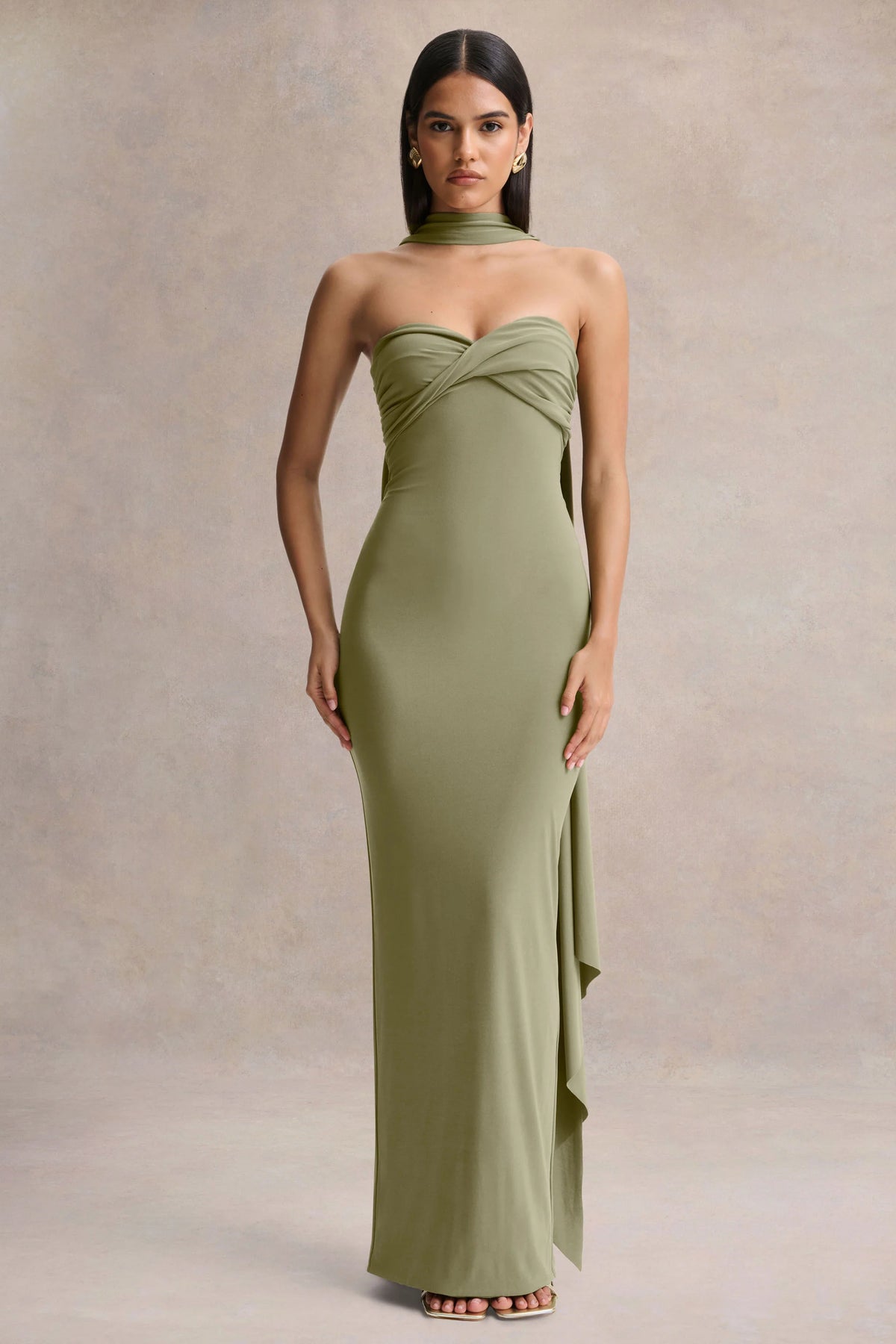 Sheila | Olive Bandeau Maxi Dress With Scarf Detail