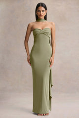 Sheila | Olive Bandeau Maxi Dress With Scarf Detail