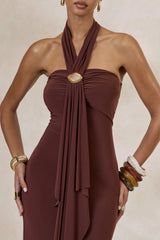 Delaina | Dark Brown Halter-Neck Maxi Dress With Gold Detail And Sash