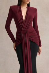 Halston | Burgundy And Black Plunge-Neck Maxi Dress With Gathered-Detailing