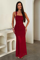 Salvatore One Shoulder Mesh Maxi Dress - Burgundy