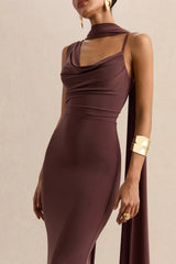 Armelia | Brown Cowl-Neck Maxi Dress With Scarf-Detail