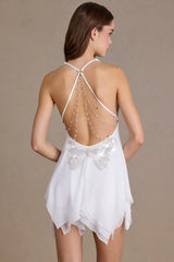 Chiffon Plunge-Neck Open-Back Mini Dress in Snow