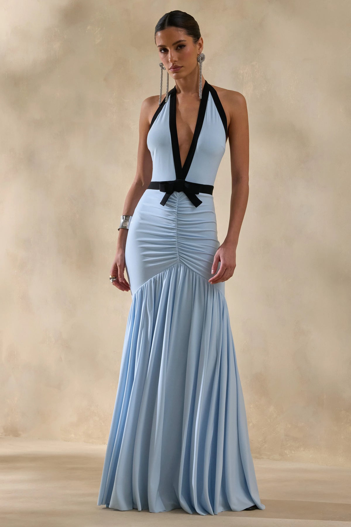 Cosmina | Powder Blue Plunge-Neck Maxi Dress With Bow-Detail