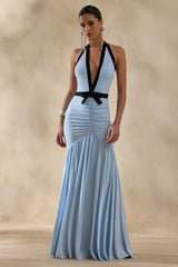 Cosmina | Powder Blue Plunge-Neck Maxi Dress With Bow-Detail