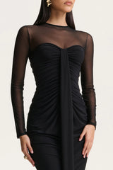 Cadenza | Black Crew-Neck Maxi Dress With Mesh And Gathered-Detailing