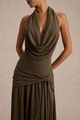 Mist | Olive Plunge-Neck Maxi Dress With Knot-Detail And Open-Back