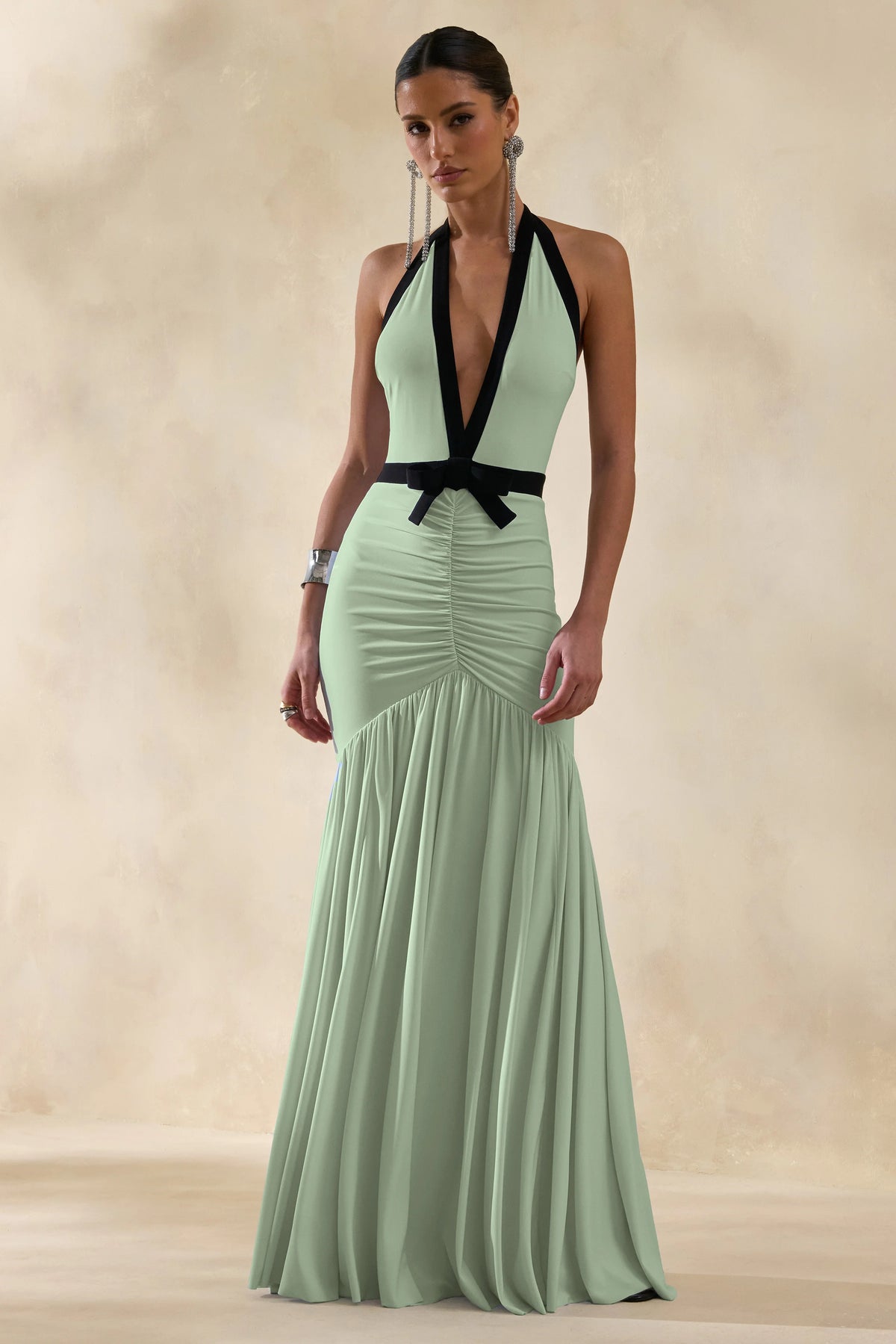 Cosmina | Mint Plunge-Neck Maxi Dress With Bow-Detail