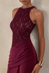 Anthelia | Burgundy Lace And Satin Racer-Neck Maxi Dress With Draped-Detail