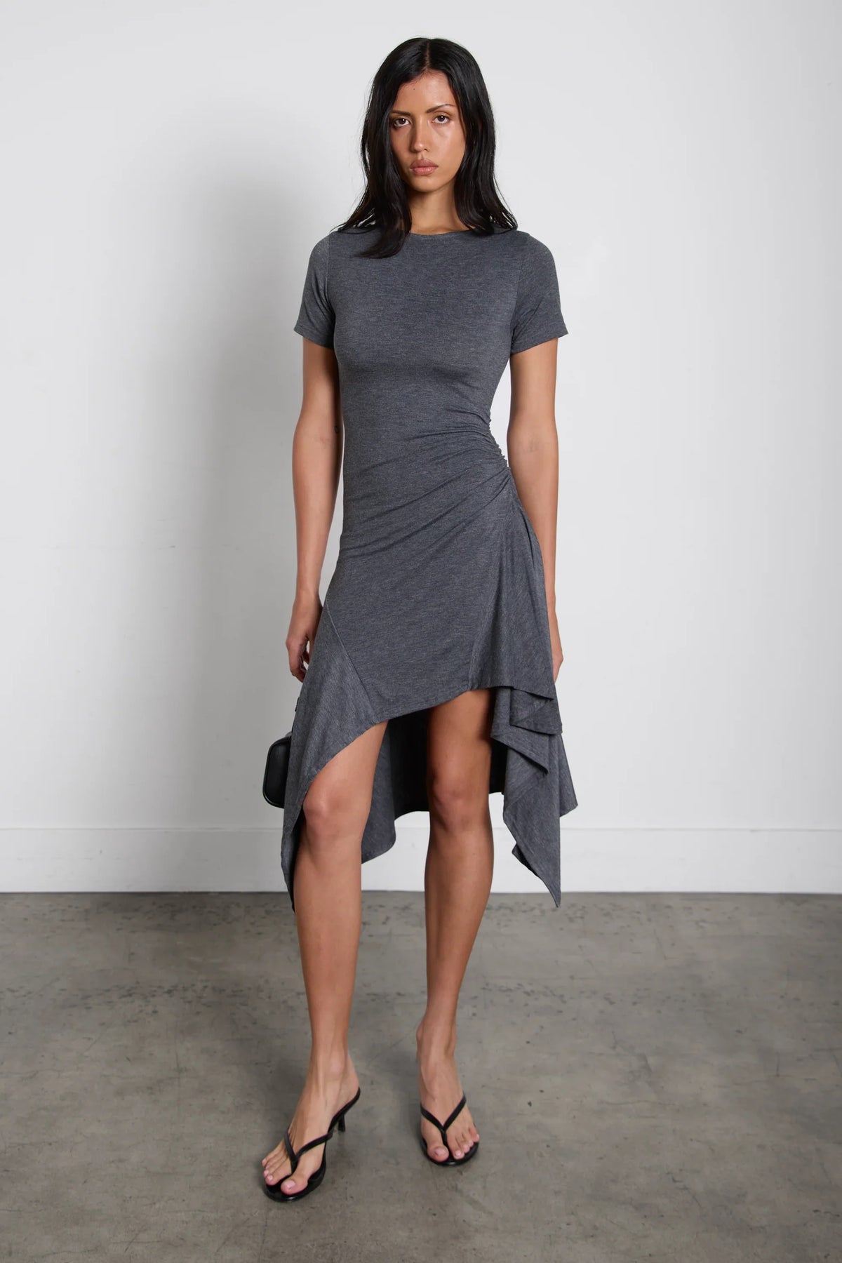 ASYMMETRICAL RUFFLE HEM MIDI DRESS