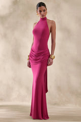 Daisy | Hot Pink Halter-Neck Maxi Dress With Draped-Detailing
