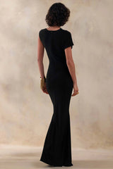 Blaire | Black Asymmetric-Neck Maxi Dress With Gold-Detailing