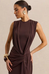 Blythia | Brown Round-Neck Maxi Dress With Gathered-Detailing