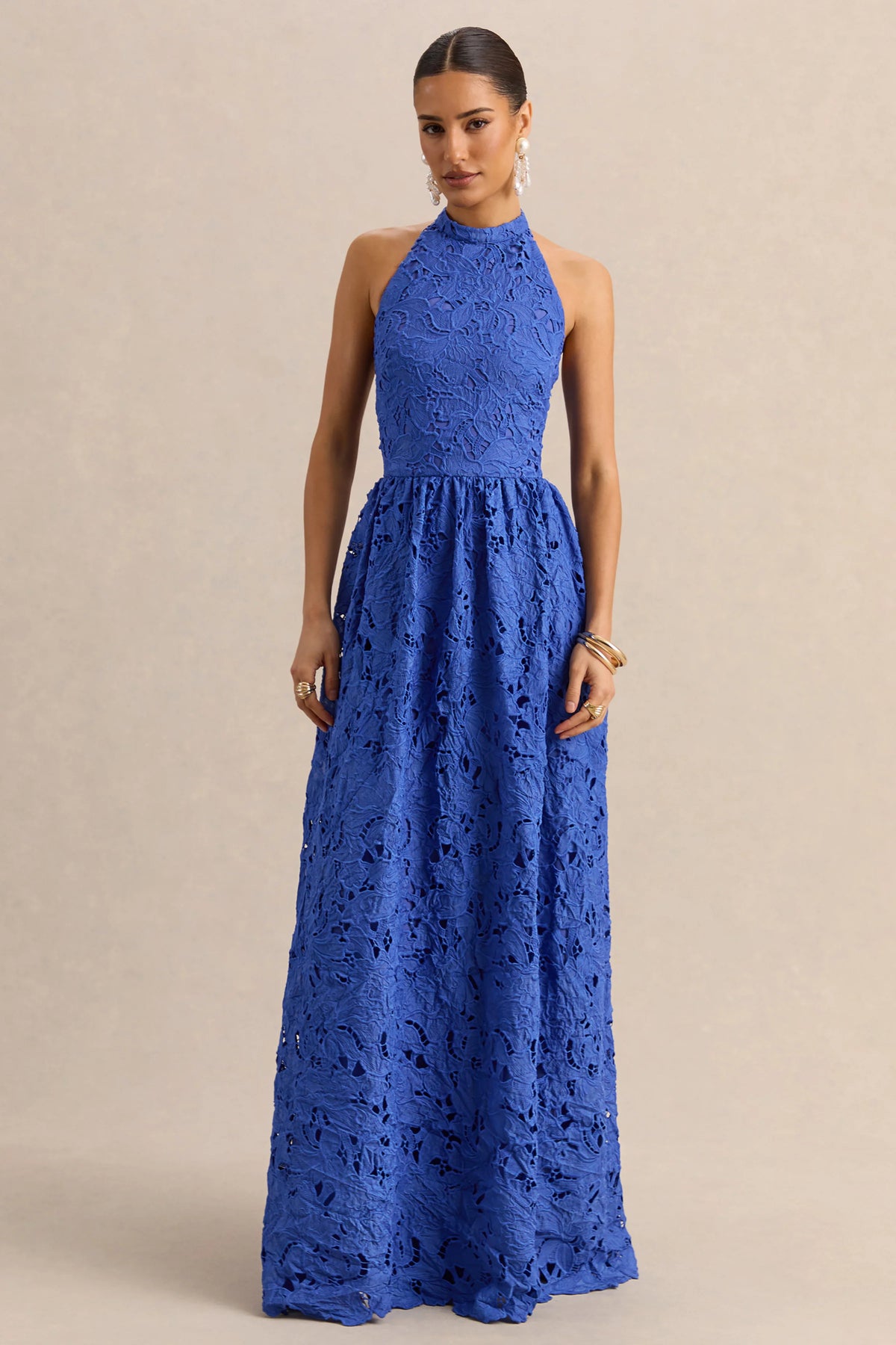 Indiana | Dark Blue Broderie Halter-Neck Maxi Dress