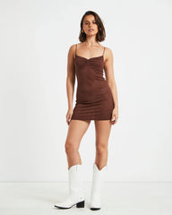 Maya Lace Mini Dress in Chocolate Brown