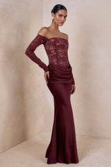 Rinna | Burgundy Lace Bardot-Neck Maxi Dress