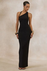 Delisse | Black Asymmetric-Neck Maxi Dress