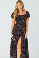 Black Ditsy Midi Dress Puff Sleeve