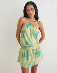 Sunyi Mini Dress in Green Blurred Jungle with Turquoise Rose